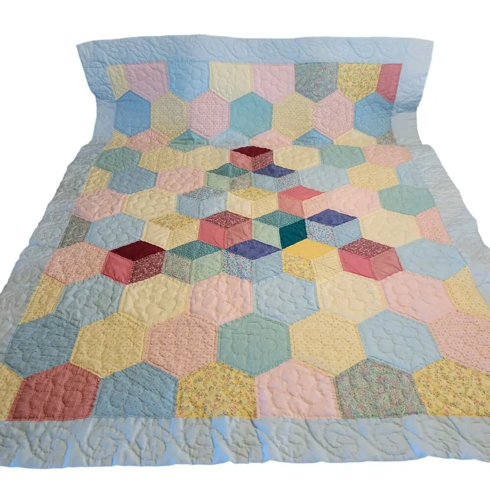 Handmade Hexagon Patchwork Quilt 51x39 Vintage Pastel 1990 Baby Lap Throw